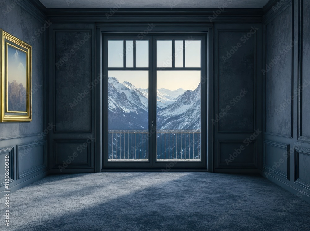 Poster a minimalist room with a scenic mountain view through large windows.