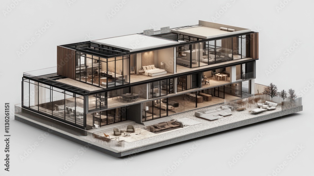 Poster modern architectural model showcasing a multi-level residence with outdoor spaces.