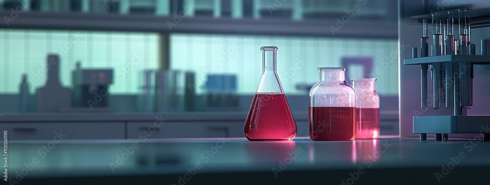 Poster a laboratory scene featuring flasks with red liquid, suggesting scientific experimentation.