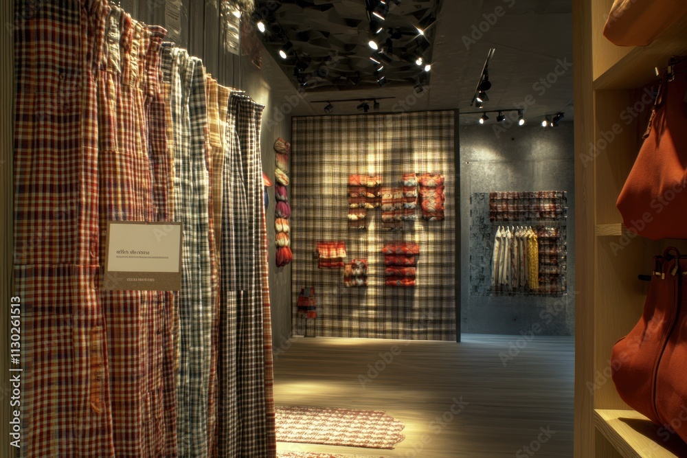 Poster A textile display featuring various fabrics and patterns in a modern retail environment.