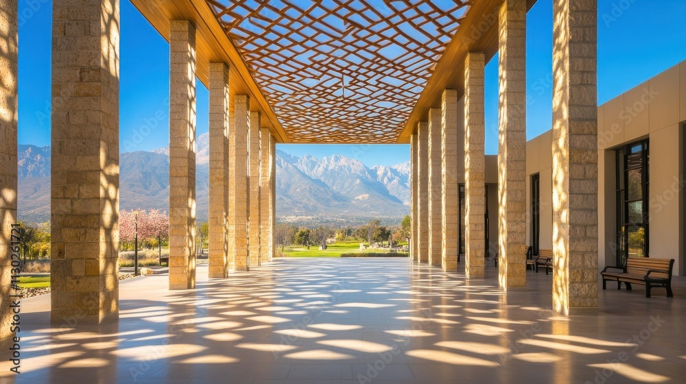 Poster A serene architectural space with columns and a patterned ceiling, framed by mountains.