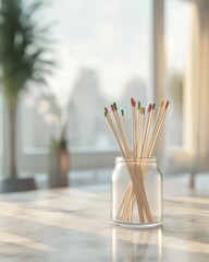 Fototapeta premium Glass jar filled with long wooden matches placed on a table with a bright window in the background, offering a cozy and stylish home interior concept