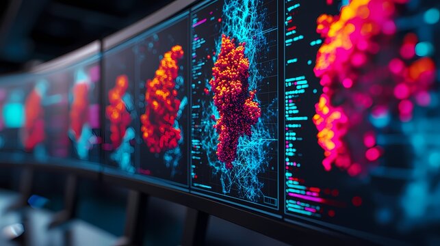 A series of vibrant, digital displays showcasing complex molecular structures in vivid colors against a dark background.
