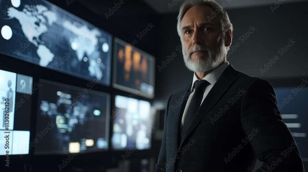 Poster A distinguished man stands in a high-tech control room with multiple screens displaying data.