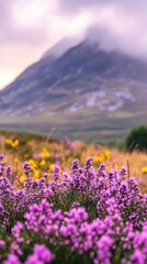 Obraz premium Misty Mountain and Blooming Heather: A Serene Landscape