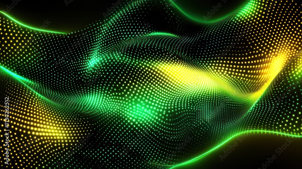 Poster Abstract wave pattern with green and yellow dots creating a dynamic visual effect.