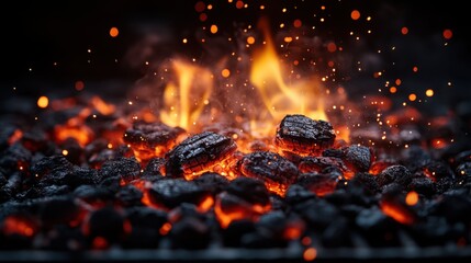 Fiery barbecue grill with glowing embers and sparks in the intense heat