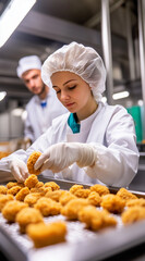 Female worker in a white uniform and hairnet, wearing gloves, holding chicken nuggets on a production line at a food factory.  Made by AI