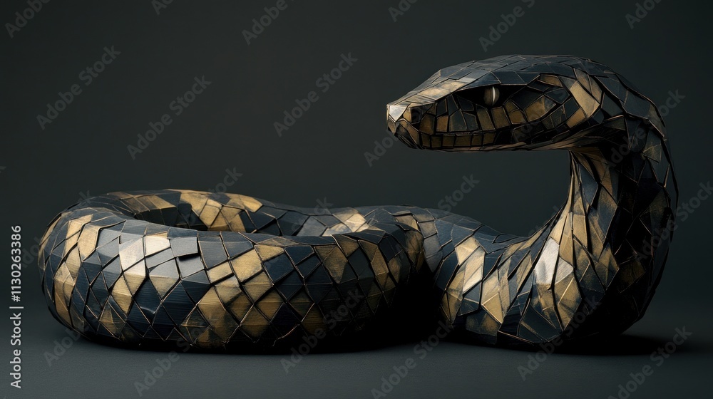 Poster a sculptural representation of a snake, crafted with geometric patterns in dark and gold tones.