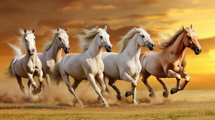 Obraz premium A herd of wild horses galloping through a golden landscape at sunset