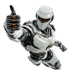 A futuristic robot giving a thumbs-up gesture, symbolizing positivity and innovation.