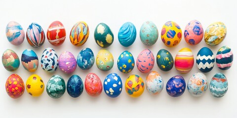 Vibrantly painted colorful Easter eggs arranged on a white background, showcasing the festive spirit of Easter with a beautiful array of colorful Easter eggs for decoration and celebration.