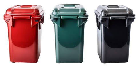 collection of closed garbage bin in three colors isolated on white background