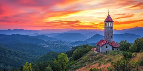 Tower amidst mountains with a stunning red, gold, and pink sunset in the summer, highlighting the beauty of nature and architectural elegance in a breathtaking landscape with a tower.