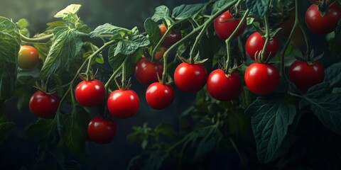 Fototapeta premium Fresh red tomatoes hanging on a branch, surrounded by vibrant greens, set against a dark background, showcase the rich color and texture of red tomatoes in a stunning display.