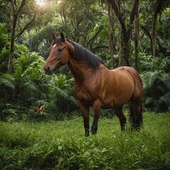 A brown horse grazing peacefully in a lush green jungle, with birds flying overhead.