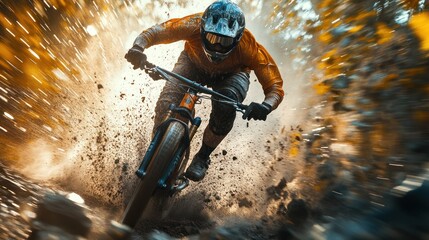 Obraz premium Mountain biker in action, splashing through mud and dirt on a trail.