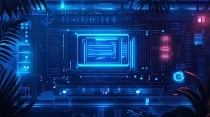 Obraz premium AI glowing circuit board background. Connected blue lines with hi-tech electronics elements. Computer motherboard. Technology digital panel. Vector illustration