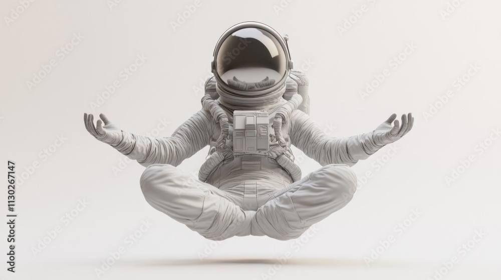 Poster a levitating astronaut in a meditative pose, symbolizing tranquility and exploration.