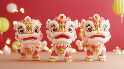 Obraz premium Three Vibrant Lion Dance Figurines Representing Tradition and Celebration During Chinese New Year with Decorative Lanterns and Festive Bokeh Background