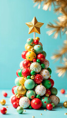 Decorative Christmas tree made of bright multi-colored balls on a blue background, a golden star on the top, a festive vertical gift card, a cheerful holiday atmosphere,