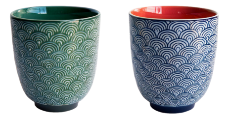 two ceramics cup or mug with half radial circle repetitive pattern isolated on white background
