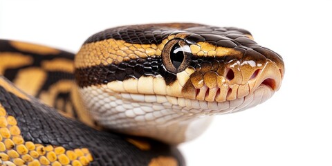 Obraz premium Ball python showcased against a white background, highlighting the unique features of the ball python in a clean and striking manner, perfect for educational and illustrative use of ball pythons.