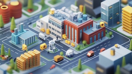 Miniature city model; buildings, roads, vehicles.