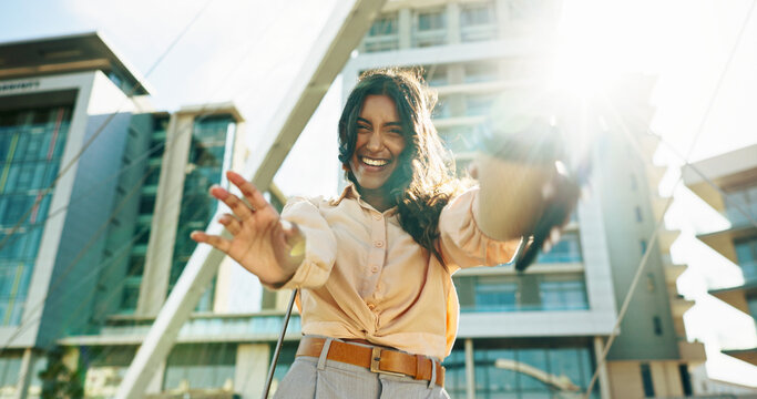 Excited, portrait and woman in city, travel and happy for opportunity, intern and commuting to work. Outdoor, blogger and joy for career path, sunshine and person in morning, creative and Mumbai
