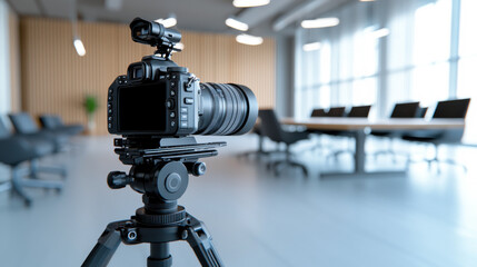 A professional camera on a tripod, positioned in a modern conference room with large windows and a long table, ready for a shoot.