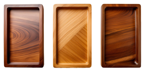 set of top view wooden tray isolated on white background