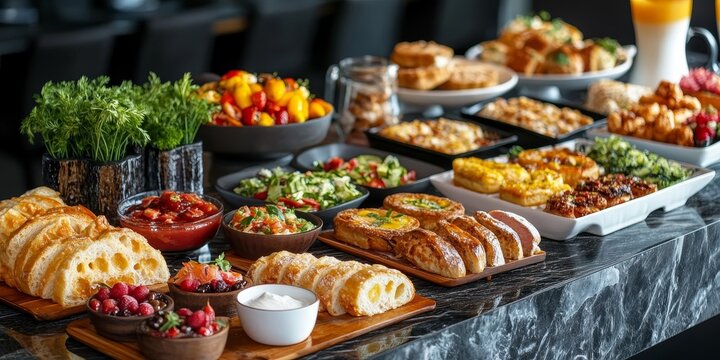 Breakfast buffet table showcasing a variety of foods, featuring savory items, sweet treats, pastries, and a selection of hot and cold drinks for a delightful breakfast experience.