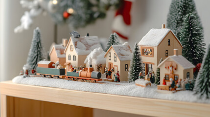 Fototapeta premium Cozy Christmas Village on Wooden Shelf with Snow-Dusted Cottages and Train
