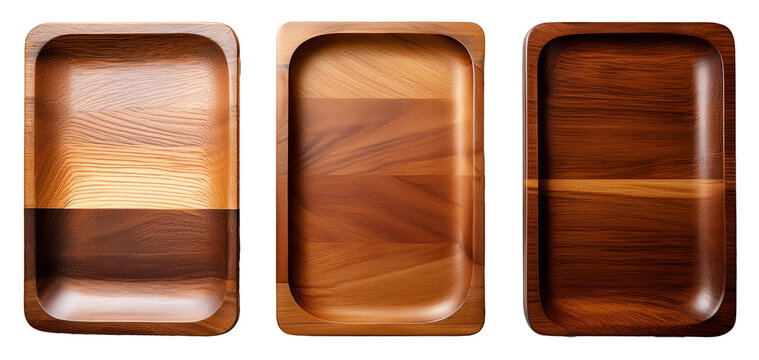 top view collection of wooden tray or rectangle plate isolated on white background