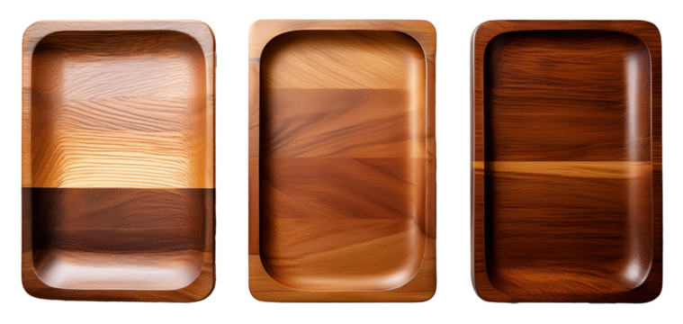 top view collection of wooden tray or rectangle plate isolated on white background