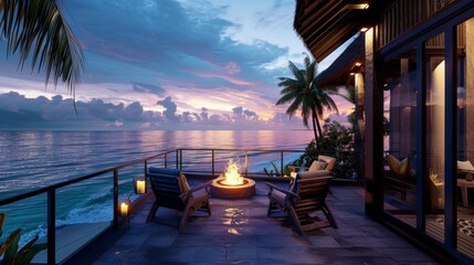 Ultra detailed balcony with oceanfront views, featuring a fire pit