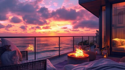 Ultra detailed balcony with oceanfront views, featuring a fire pit