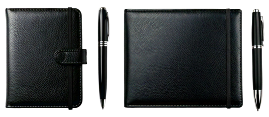 group of black leather notebook with pen isolated on white background