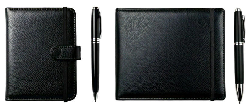 group of black leather notebook with pen isolated on white background