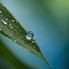 "Close-up of a single dew drop resting on the edge of a green leaf, surrounded by a soft blue background."