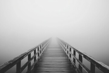 Fototapeta premium Mysterious foggy pier vanishing into misty horizon coastal location atmospheric photography tranquil environment wide-angle viewpoint emphasizing isolation and serenity