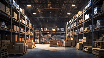 Obraz premium Warehouse with boxes. Logistics center. Storage area of industrial enterprise. Stack of boxes. Warehouse racks with barrels and parcels. Storehouse for factory. Warehouse without anyone. 