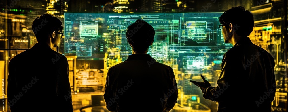 Poster Three individuals observe digital data displays in a high-tech environment.