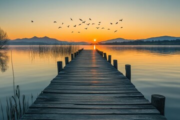 Fototapeta premium Serene sunset over a wooden pier by a tranquil lake capturing natural beauty in a peaceful environment perfect for relaxation and inspiration a stunning landscape view
