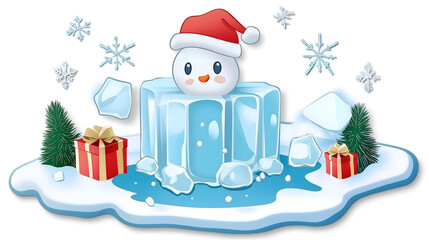 Cute Cartoon Snowman in Santa Hat with Ice Blocks, Snowflakes, Christmas Gifts, Pine Trees on a Icy Blue Background for Holiday and Winter Celebrations
