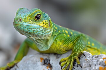 Obraz premium A vibrant green lizard with yellow spots resting on a rocky surface.