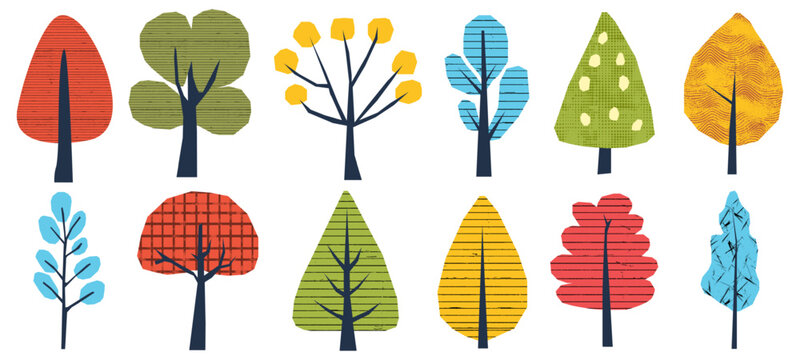 Childish collage of paper naive cutout color tree elements set with abstract texture.  Flat modern illustration for spring or eco themed posters. Hand drawn stylized foliage for 