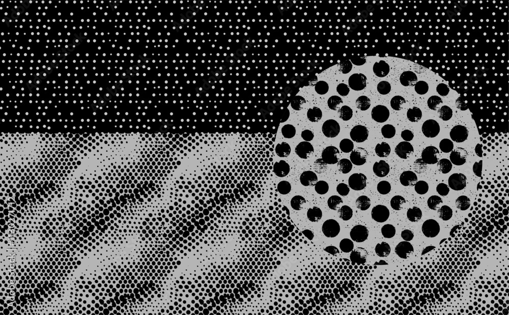 Aufkleber Retro halftone background with graphic dotted circle pattern. Vintage comic style design featuring grainy gradient and geometric grid. Black and white vector overlay with subtle noise, gritty texture.