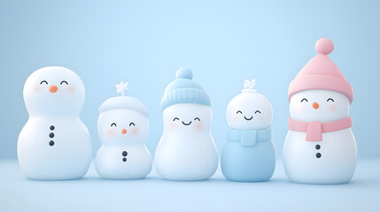 Charming and Whimsical Collection of Cute Snowmen in a Soft Blue Background, Perfect for Winter and Holiday Themes in Digital and Print Media