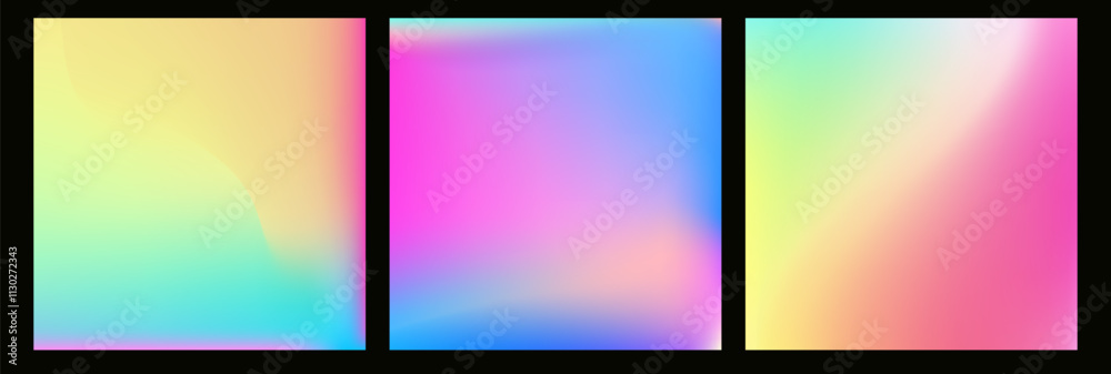 Poster Vector abstract ombre glitch texture with rainbow colors. Pastel gradient background with neon accents. Modern digital art featuring soft blurry hologram effect and radiant aura.
